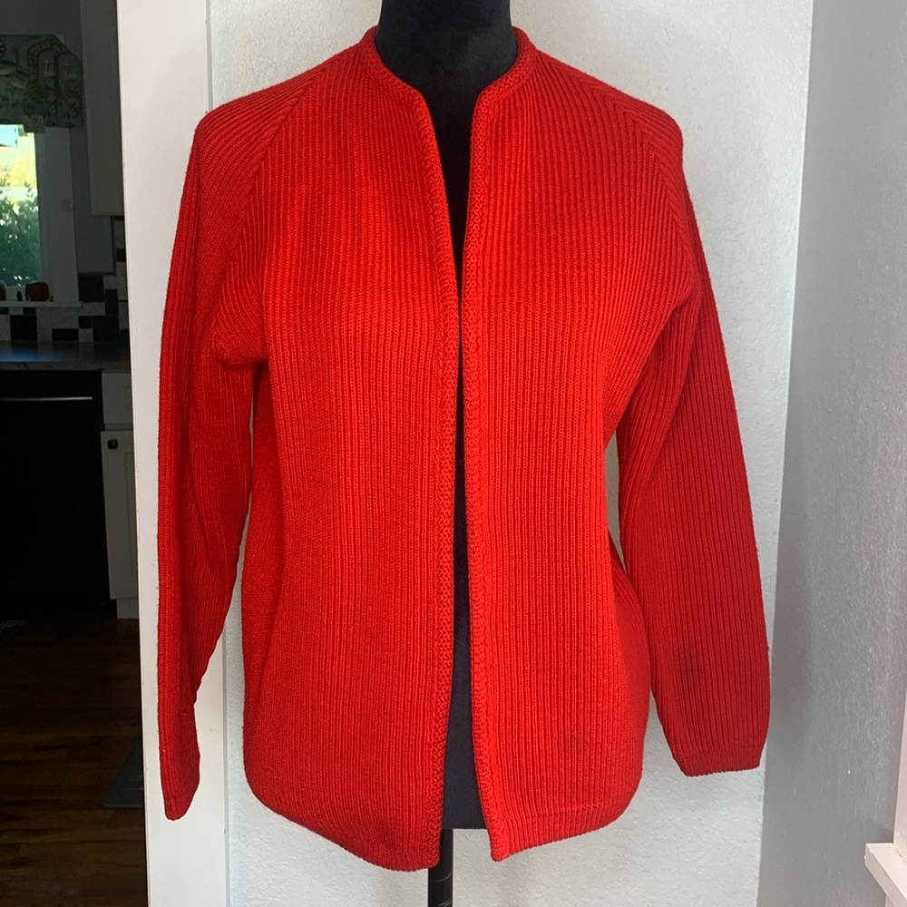 Vintage Kandel Red Virgin Wool Open Front Cardigan Heritage Knit Sweater Small